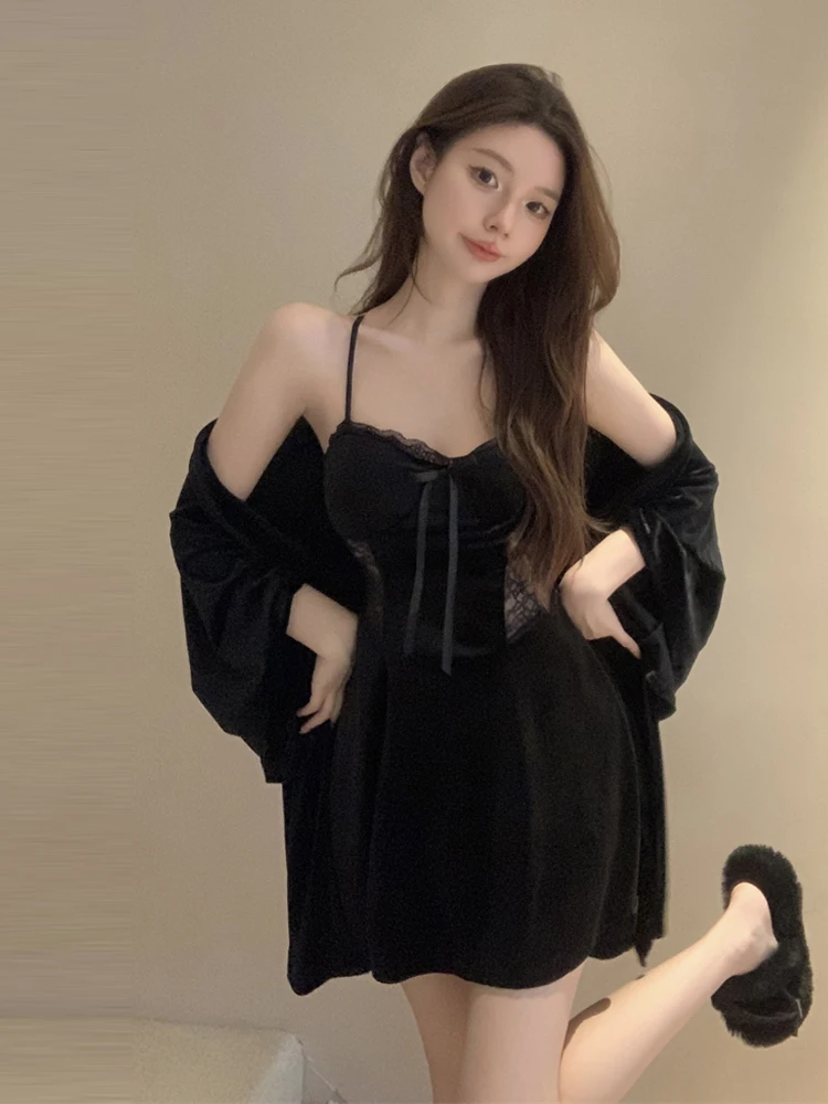 Sweet Pure Desire Pink Lace Velvet Waist-Cinching Cross Back Chemise Nightgown Robe Home Clothes Set Sexy Home Leisure Wear