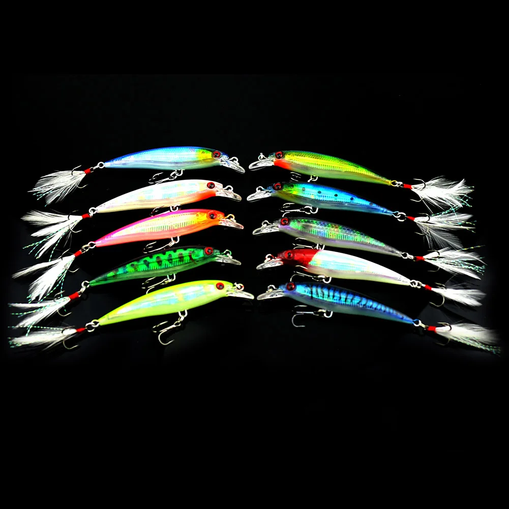 

10pcs Minnow Fishing Lures Artificial Simulated 3D Eyes Fake Bait Universal Feather Tail Hard Luya Bait Outdoor Fishing Tackles