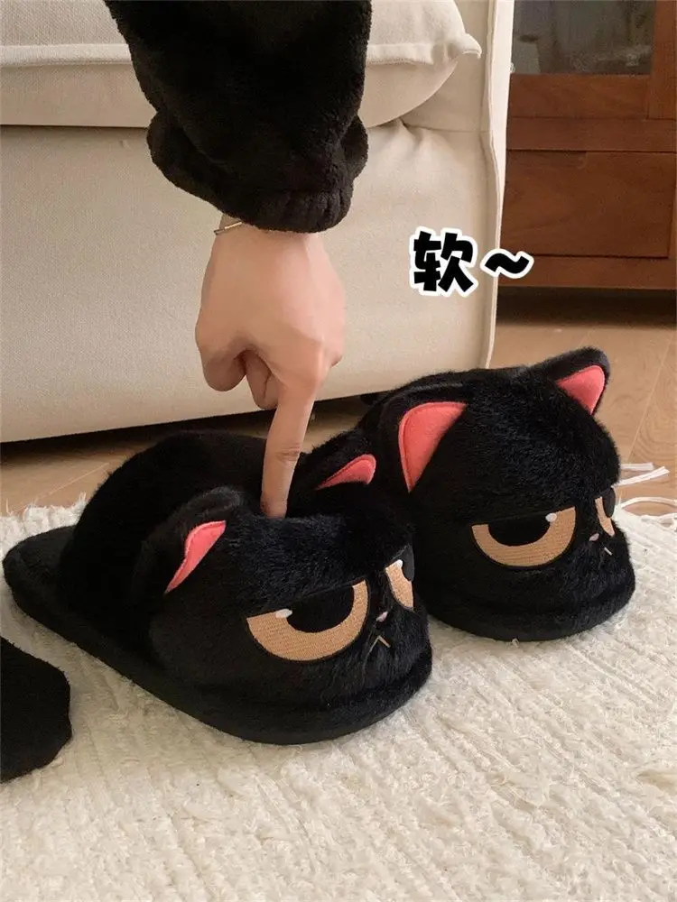 New big eyes angry kitty slippers woman indoor fuzzy shoes women's winter warm cat slippers floor shoes fur slides house shoes