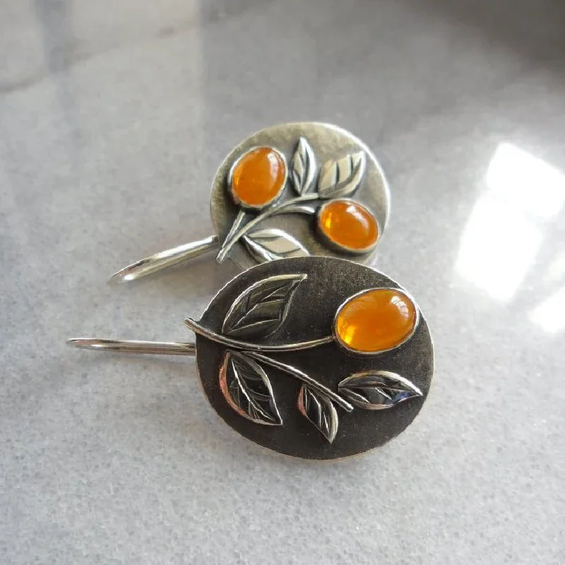 Vintage Silver Color Leaf Orange Stone Earring Engraved Oval Metal Plant Hook Earrings for Women Jewelry