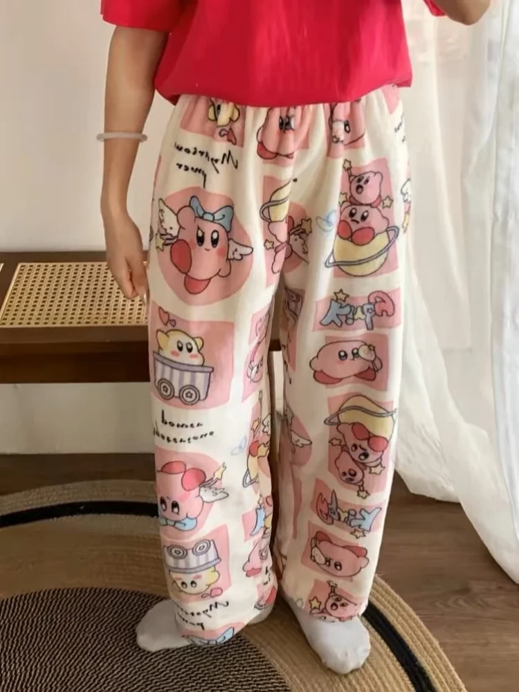 Anime Kirby Pajamas Cute Flannel Trousers Cartoon Women Soft Casual Home Pants Kawaii Warm Comfortable Nightshirt Pants Gift