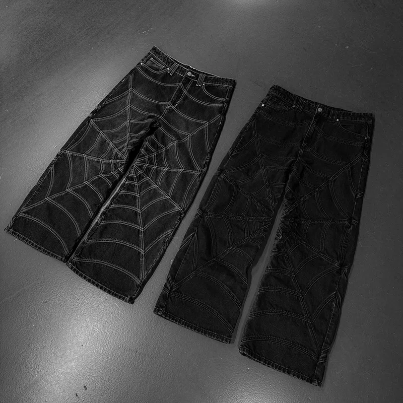Men's Harajuku Hip-hop Trend Spider Web Patchwork pants2025 Trend Retro Y2k European and American Dark Casual pants