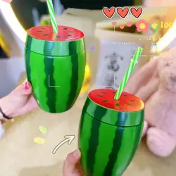 Creative Cartoon Fruit Summer Straw Cup Food Grade Plastic Strawberry Pineapple Watermelon Water Bottle Tea Milk Juice Bottle