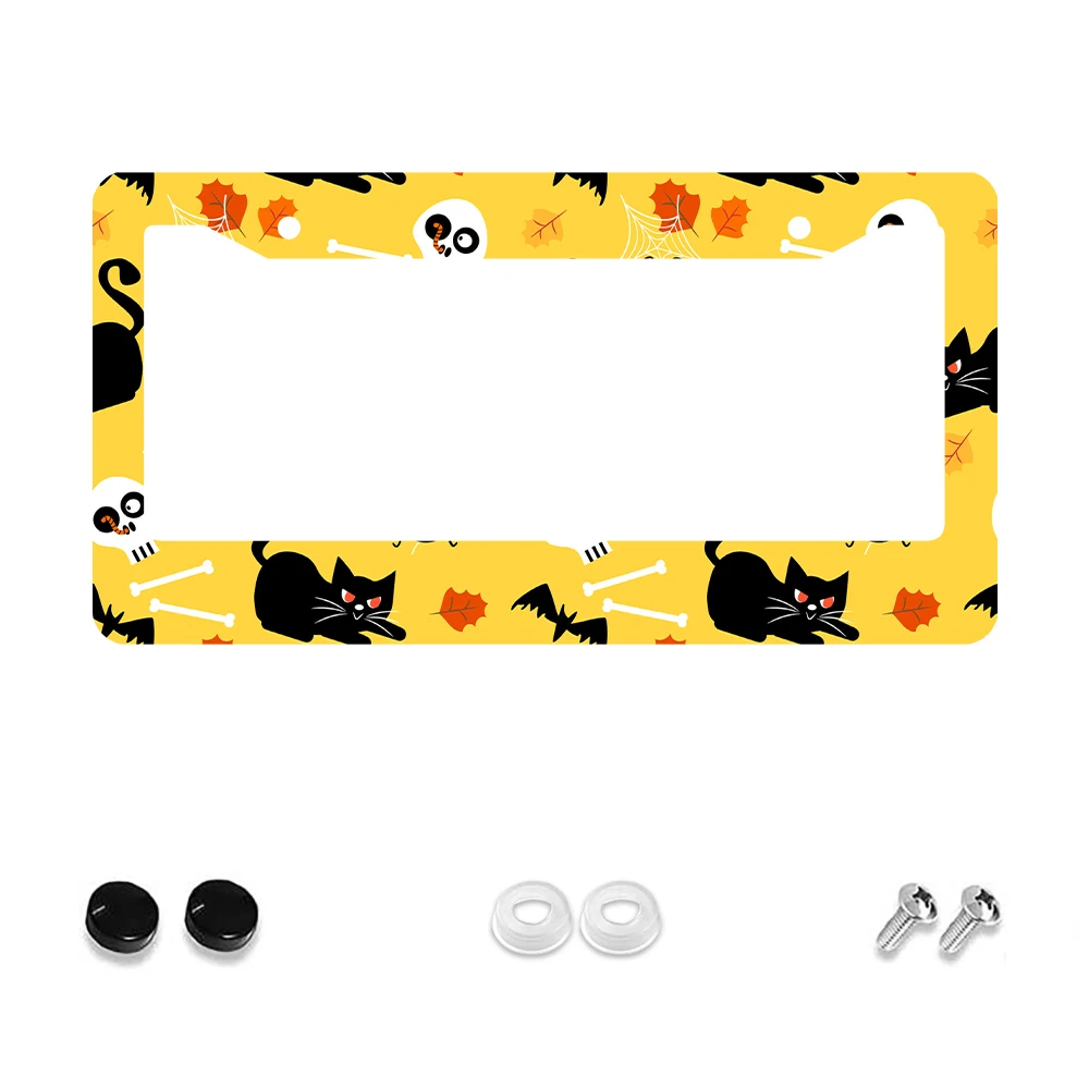 

1pc Yellow Halloween 2 Hole License Plate Frame with Black Cat Skull Pattern, Aluminum Material, 6x12 Inches, Includes Screw Ki