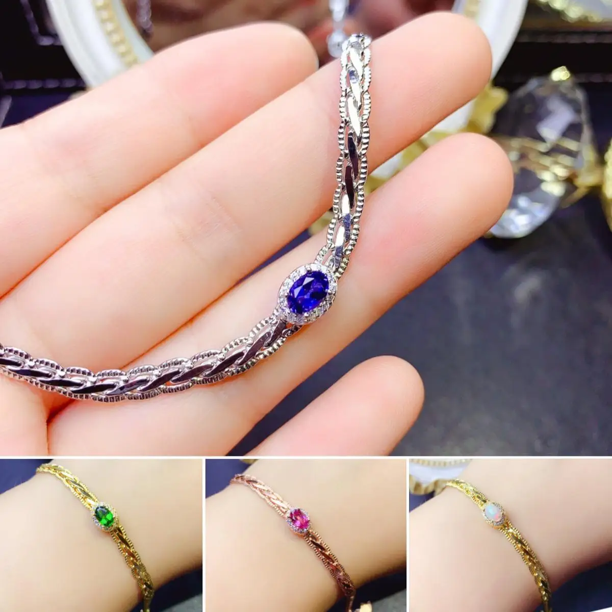 

FS 4*6 Natural Sapphire/Opal/Garnet/Diopside Simple Bracelet S925 Sterling Silver for Women Fine Fashion Wedding Jewelry MeiBaPJ