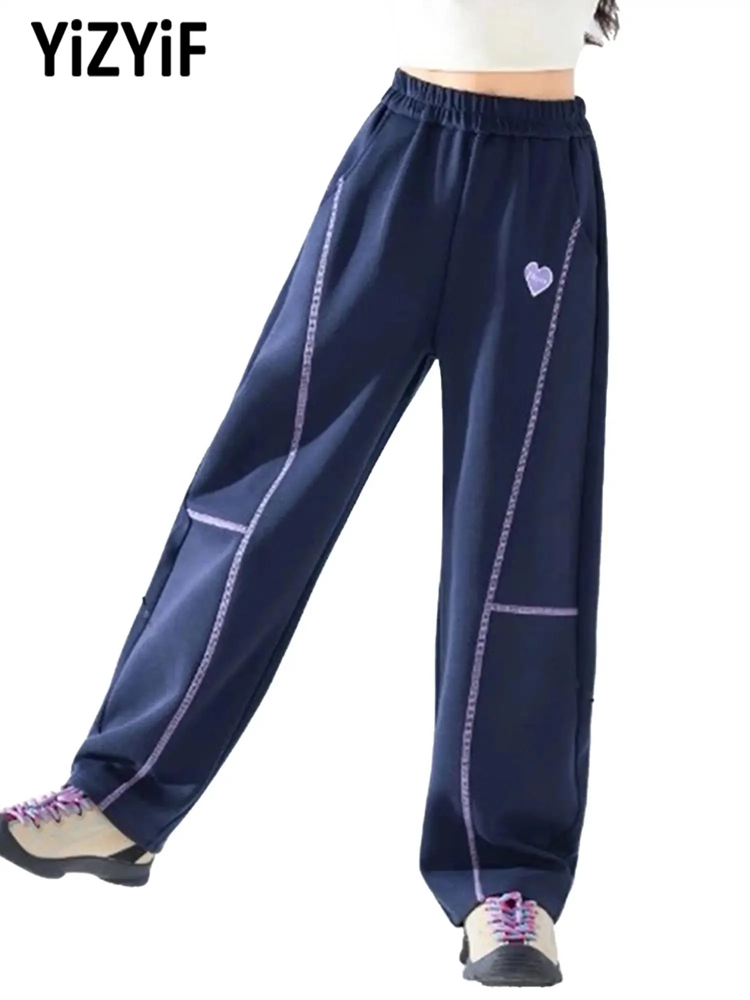 

Girls Wide Leg Pants Contrast Trim Elastic Waistband with Pockets Breathable Stretchy Quick Dry for Yoga Workout Running Sports