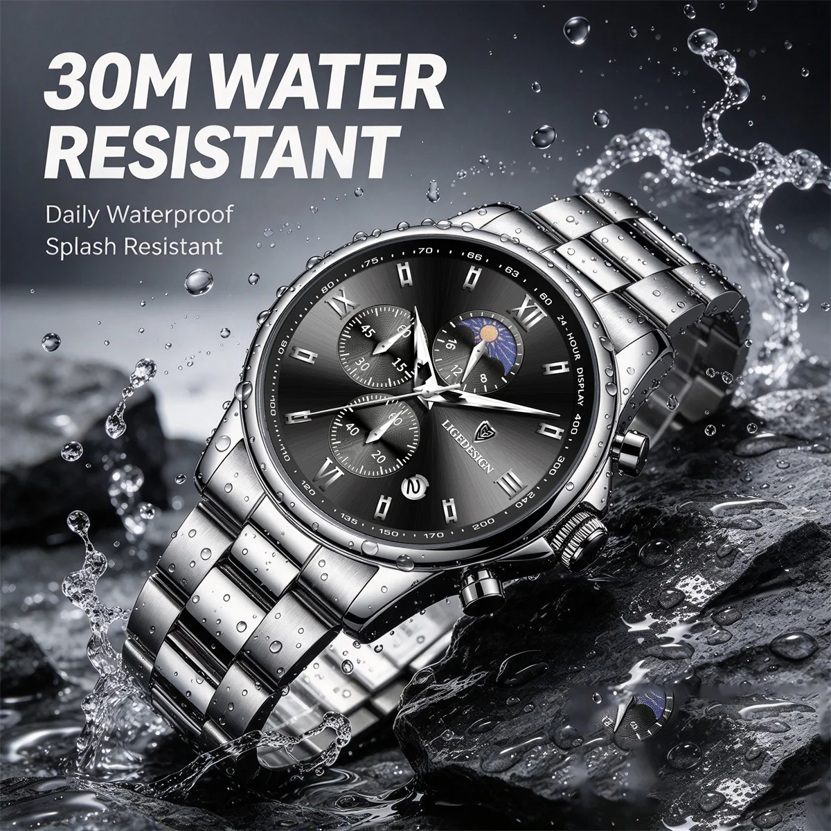 LIGE Luxury Man Watch Fashion Business Calendar Chronograph Quartz Wristwatch Waterproof Moon Phase Stainless Steel Men Watches