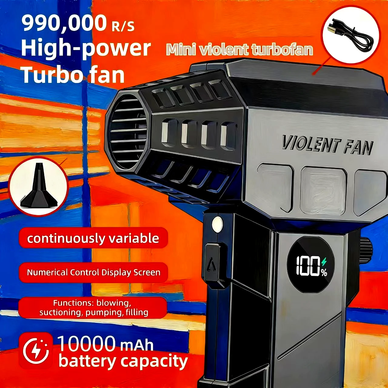 

X5 Потужная воздуходувка 10000 мАч Турбоструйный вентилятор с 4 насадками Электрическая воздушная тряпка Светодиодное освещение Бесщеточный турбоструйный вентилятор