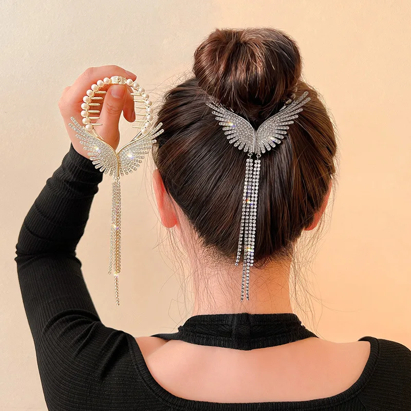 New Trendy Angel Wings Pearl Rhinestone Tassel Pill Head Ponytail Buckle Hair Clip Female Korean Hair Card Hair Accessories