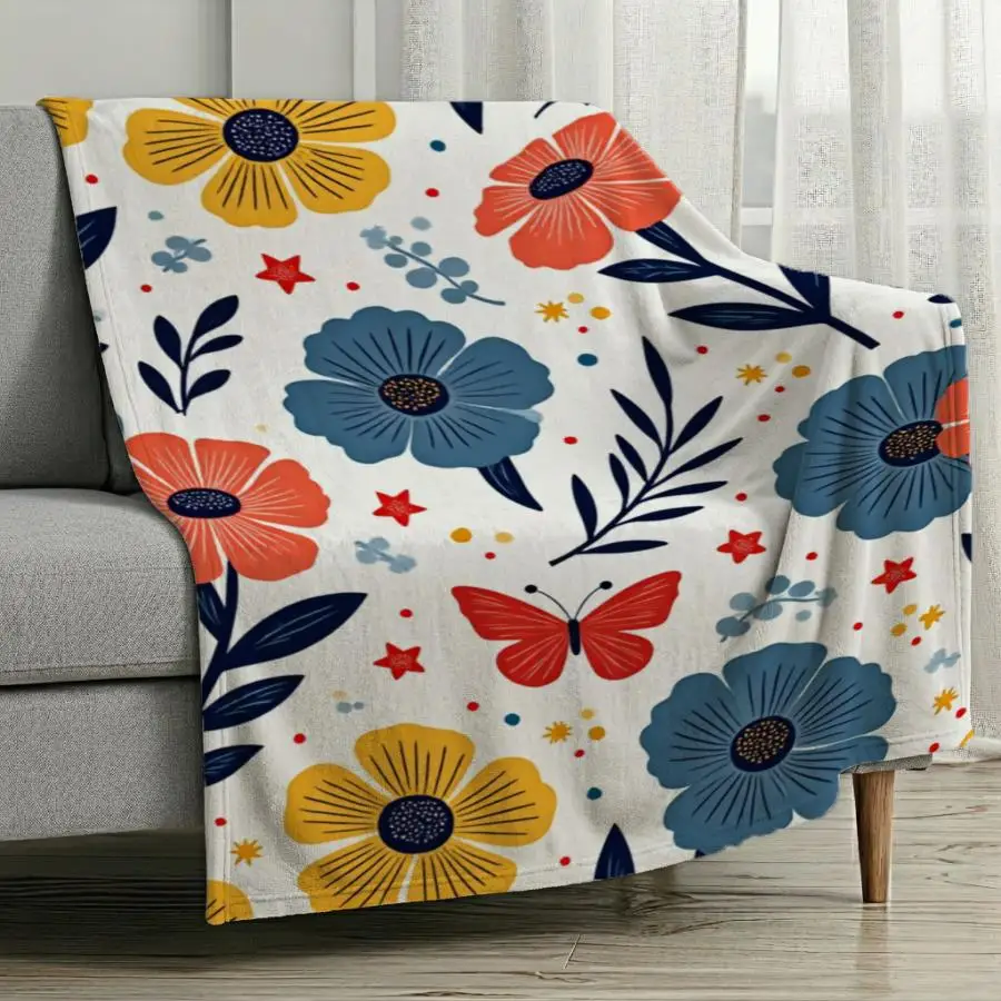 2D Plane Flannel Blanket with Vibrant Floral Butterfly Print, Lightweight 280GSM Throw for Sofa, Travel, and Office, All-Season Soft Foldable Cover Perfect as Home Decoration & Holiday Gift Choice.