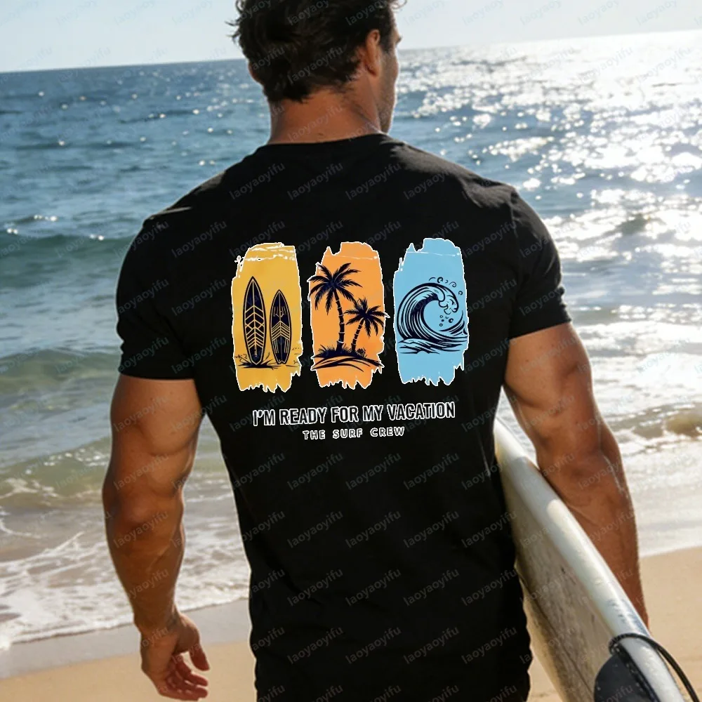 I'm Ready for My Vacation T-Shirt Women Surf Palm Tree Wave Graphic Casual Short Sleeve Cotton Tops Summer Beach Vacation Shirts