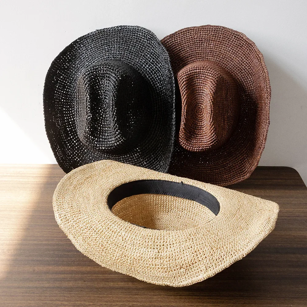 Unisex Hand-crocheted Natural Raffia Straw Cowboy Hat Summer Wide Brim Breathable Sun Hat for Outdoor Beach Travel Holiday 6