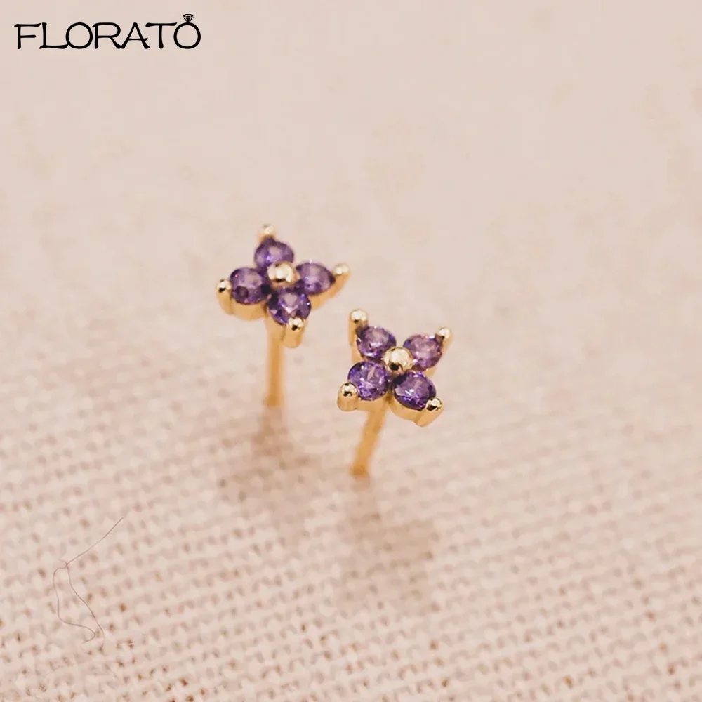 Simple Tiny Four Leaf Grass Stud Earrings 925 Sterling Silver Needle Colorful Crystal Earrings for Women Cute Pierced Jewelry