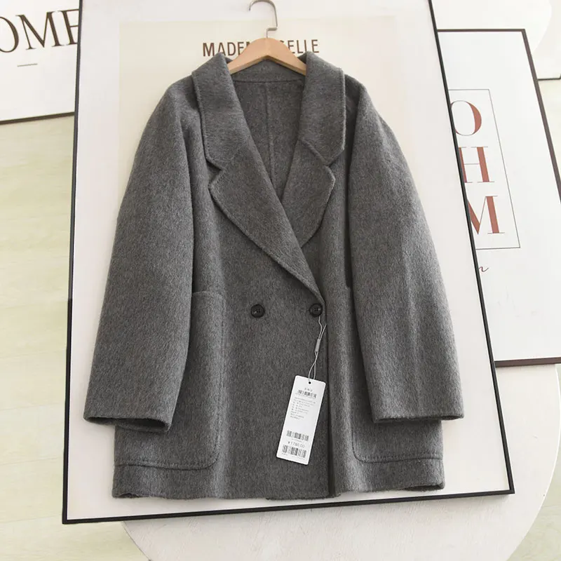 

Poetry Series, корейское свободное повседневное шерстяное двустороннее твидовое пальто с воротником для отдыха, женская верхняя одежда небольшого размера