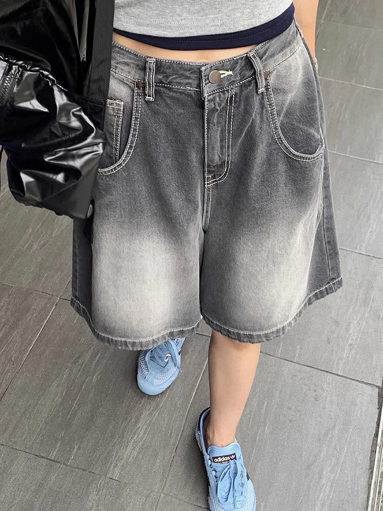 

Chic Summer Vintage High Waist Straight Leg Jeans Distred Five-Point Pants Women's Versatile Faded Denim Casual High Waist