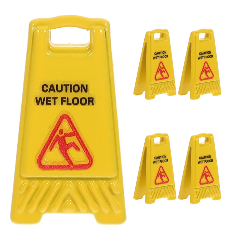 

5pcs Miniature Wet Floor Warning Signs For Dollhouse Realistic Safety Caution Signs Mini Slippery Warning Sign For Role Play