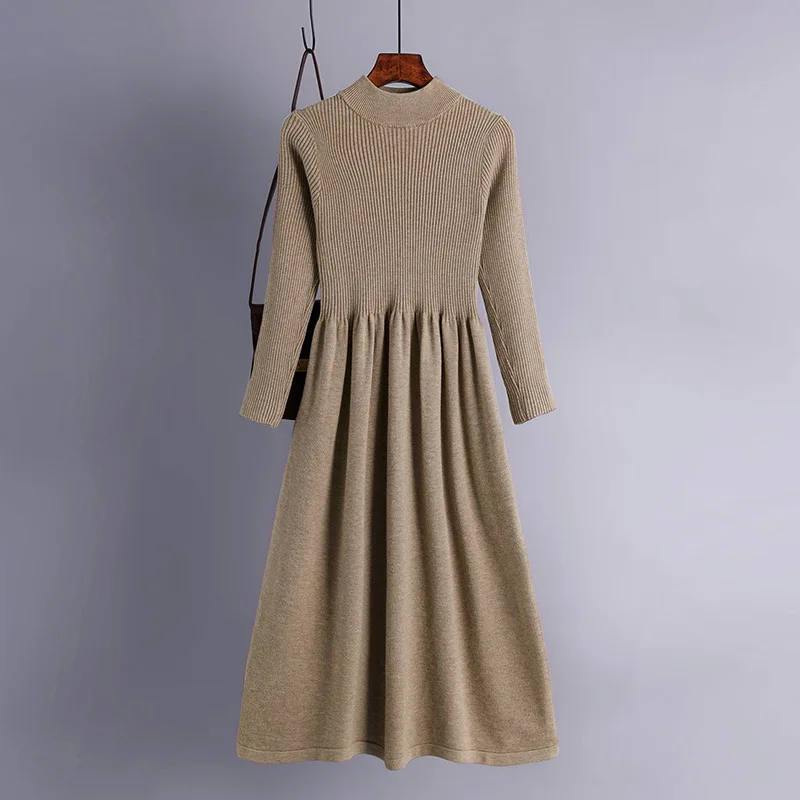 HLBCBG Autumn Winter Knit Long Dress Women Casual O-Neck Slim Bodycon robe Sweater Dresses Office Lady THICK MAIX Dress