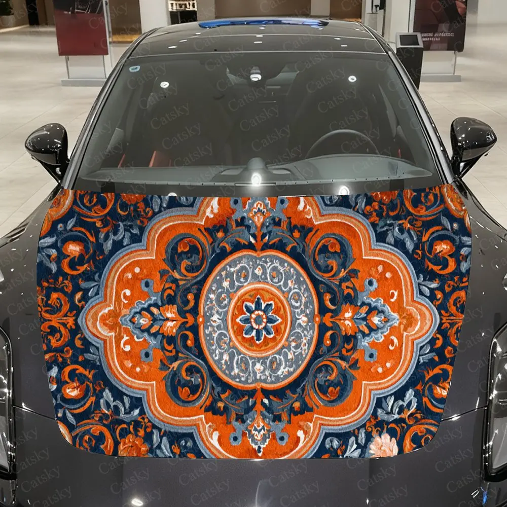 Colorful Boho Floral Pattern Auto Hood Sticker, Car Cover Decal, Waterproof and Self-adhesive Auto Vinyl Wraps, Fashionable Car