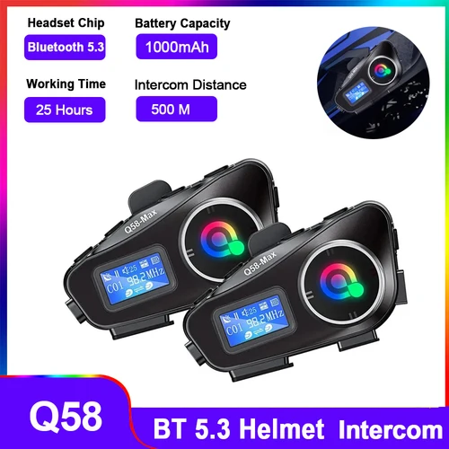 Imagen 2 del producto Intercomunicador para casco de motocicleta Q58-Max, auriculares Bluetooth con pantalla LCD, interfono multiescena para compartir música mixta con linterna, 1/2 Uds.