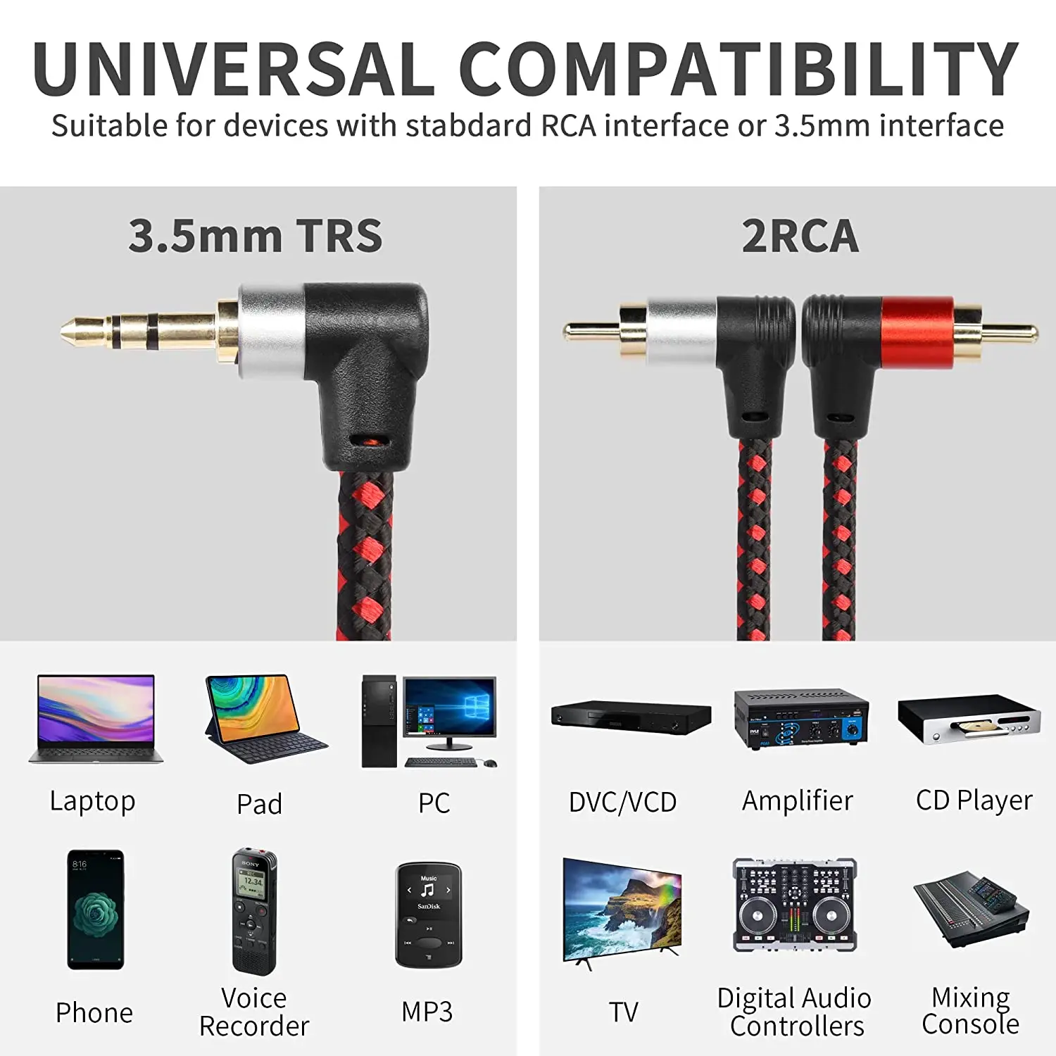 90 Degree Right Angle 1/8 Inch TRS Dual RCA Shielded Cable 2RCA To 3.5mm AUX Stereo Y Splitter Adapter for PC Phone MP3 Speaker