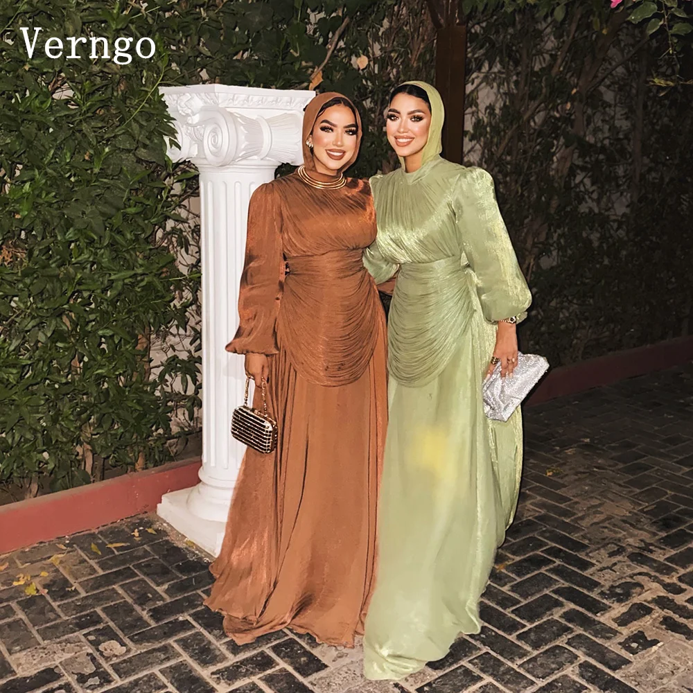 

Verngo Brown/Green Shiny Satin Evening Dress Full Sleeves A Line Formal Occasion Dresses Arabic Pleat Prom Gowns Customized