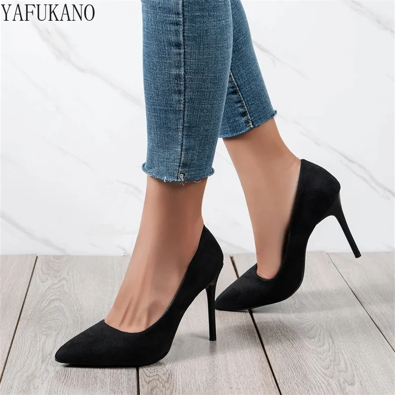 Suede Stiletto Heeled Point Toe Court Pumps Sexy Elegant Career Work Shoes Classic Basic Black High Heels Small Size Women 33