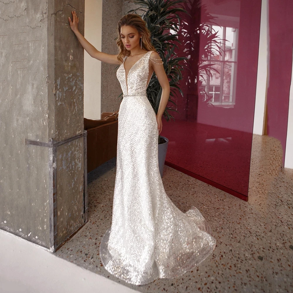 Elegant Sequined Wedding Dress V-Neck Mermaid Sleeveless Bridal Gowns Beading Belt Brides Robe De With Detachable Skirt Mariée