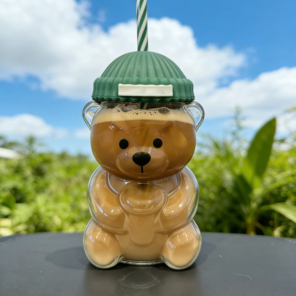 

Лидер продаж, высококачественная чашка с медведем, стеклянный милый прозрачный стакан для холодного кофе, чашка для холодных напитков с соломенной шляпой, ограниченная серия