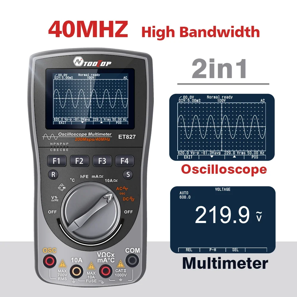 ET827 40MHz przenośny oscyloskop cyfrowy 200Msp/s w czasie rzeczywistym częstotliwość próbkowania AC/DC 6000 liczy multimetr automatyczny oscyloskop