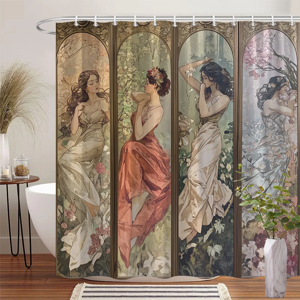 

Женская занавеска для душа в стиле модерн, три женщины в струящих платьях, комплект против цветочных фонов