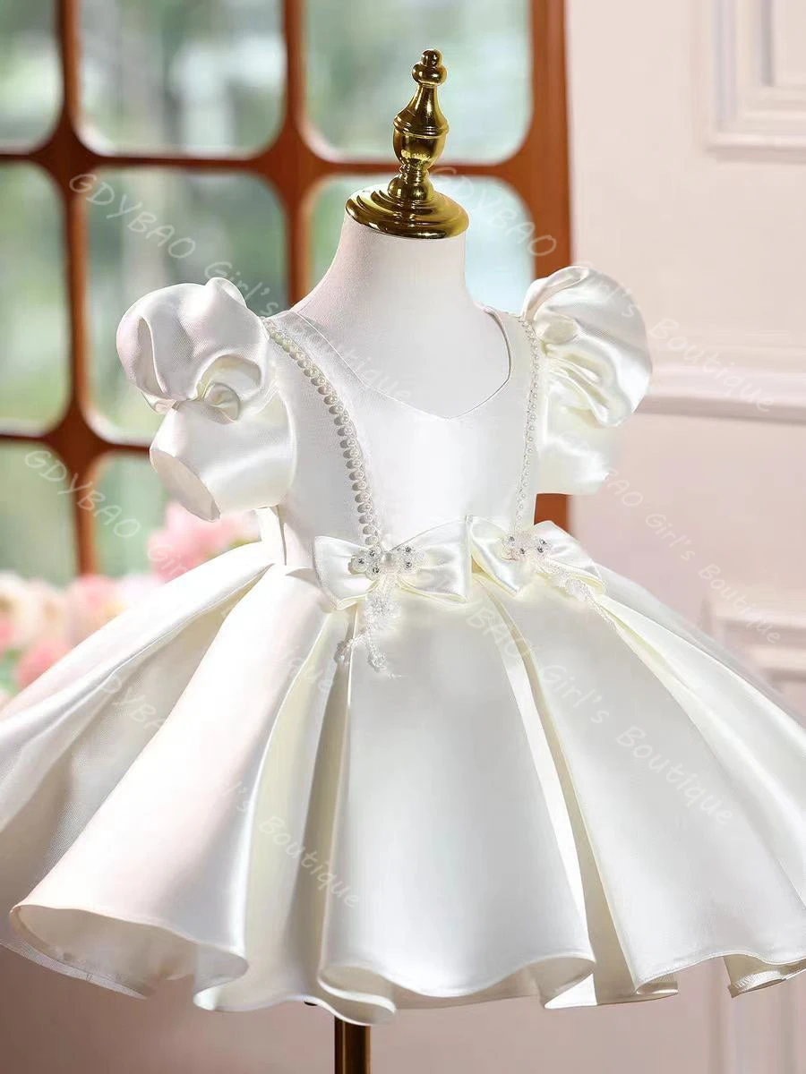 فستان فتاة الزهور بتصوير حقيقي لحفلات الزفاف للأطفال الصغار بأكمام منتفخة لحفلات أعياد الميلاد فستان الأميرة الساتان المطوي حسب الطلب