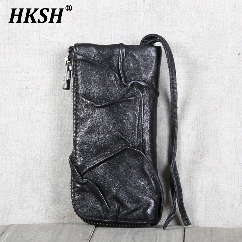 HKSH-Sac en cuir véritable fait à la main, Niche, Design original, Portefeuille, Sacs à cartes, Peau de mouton, Mode vintage, Chic, Foncé, Rétro, Nouveau, HK1483