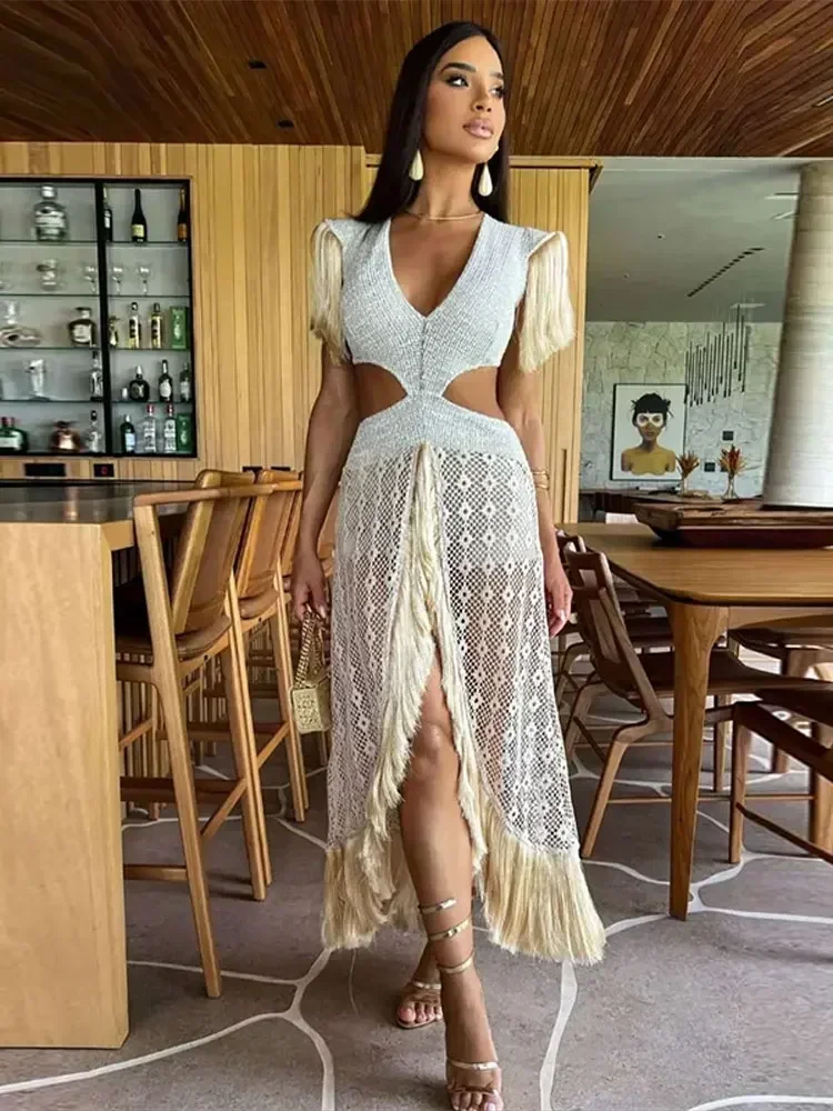 Women Expose Waist Tassels Split Beach Dress Chic V Neck See Through Printing Robe Spring Female Vacation Party Clearance Sale