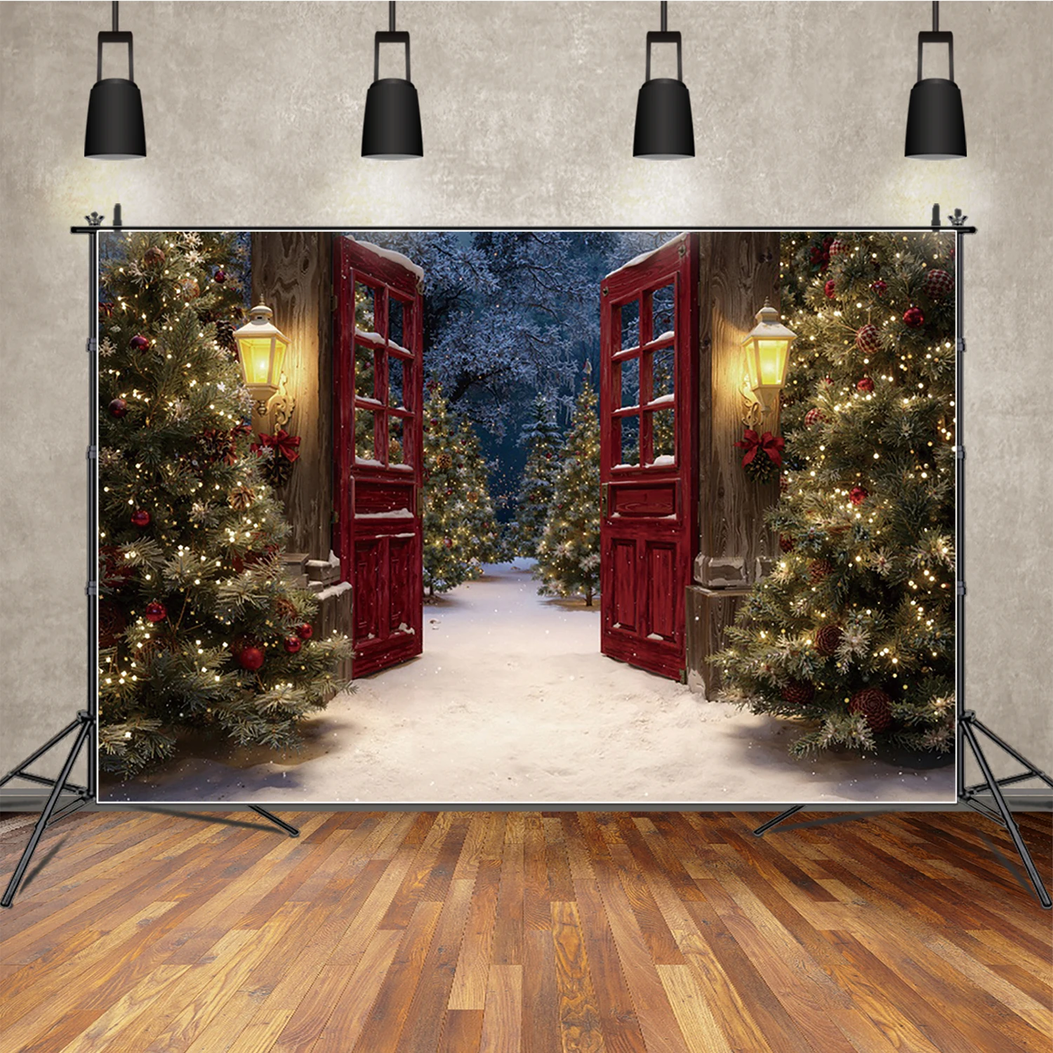 

MOON.QG 2025 Christmas Background Xmas Trees Lamps Red Door Backdrops For Photography Studio Photo Photography Poster Wallpaper