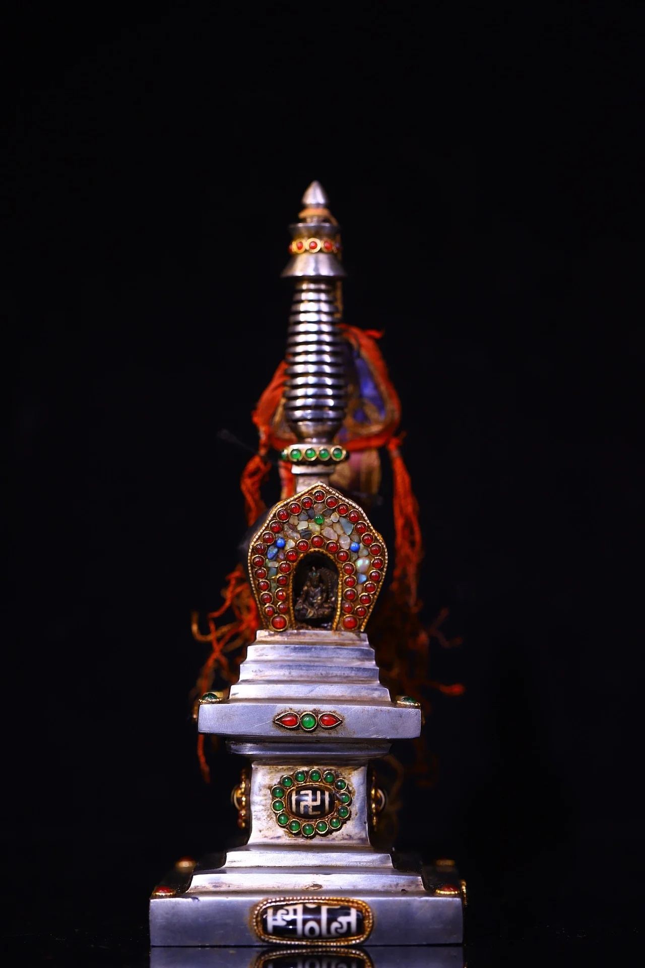 

10"Tibetan Temple Collection Old Tiantie Cinnabar Mosaic Gem gZi Beads Shell Yellow Jambhala Buddha Pagoda Amulet Worship Hall