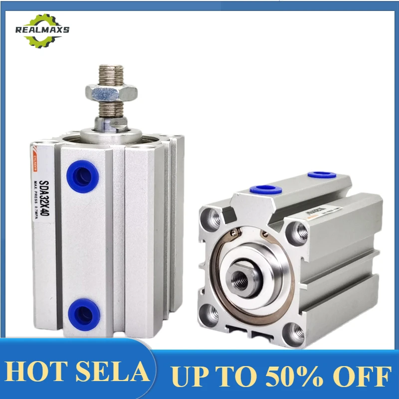 SDA16 20 25 32 40 50 63 80 100mm Bore Compact Thin Air Cylinder 5-100mm Stroke Double Action Aluminium Pneumatic Cylinder