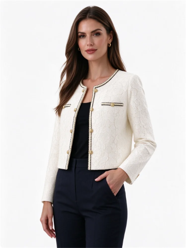 Miyake Women Round Neck Tweed Style Jacket Floral Emboss Long Sleeve Gold Button Elegant Short Coat