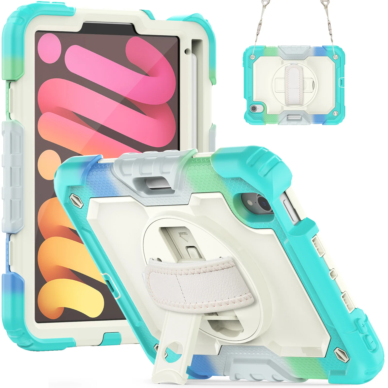 

With Screen Protector Hybrid Case Universal For iPad Mini 7 2024 A17 Pro Mini 6 2021 8.3" 360 Ratatable Stand Heavy Duty Cover