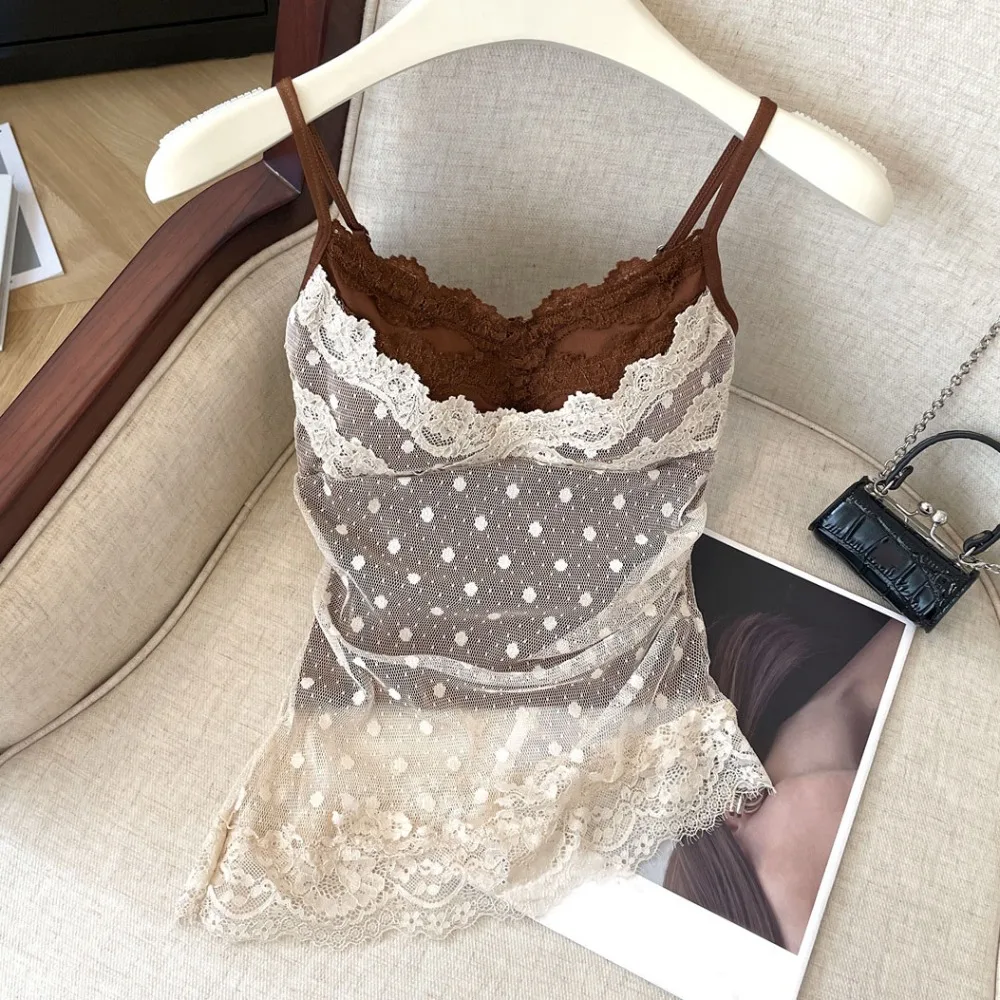 

Lace Dots Fake Two Pieces Camisole Tank Top Wrapped Chest Bra Lace Slim Crop Top Slim Fit Elastic Bra with Pads Cami Summer