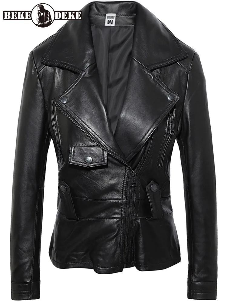Autumn Women Slim Fit Waist Sheepskin Genuine Leather Jacket Motorcycle Biker Style Real Leather Coat Punk Style Outwear Jackets