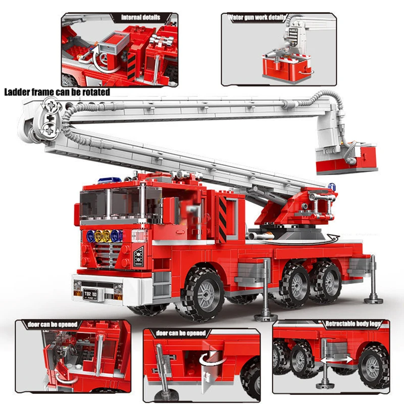 City Technical Ladder Firetruck Fire Truck Building Blocks Police Set Bricks Moc Water Tank Firemen Car Bricks Toys For Kids