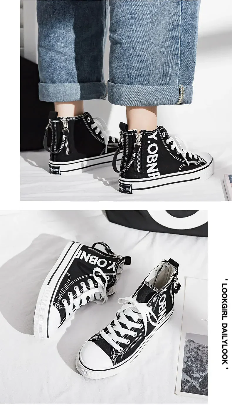 Neue Damen-Canvas-Schuhe mit erhöhter Sohle, weiße Sportschuhe, seitlicher Reißverschluss, lässig und bequem, Designer-Stil – Detail 10