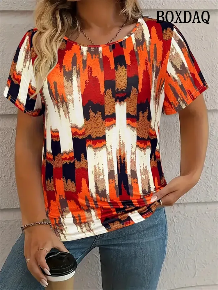 Tie Dye Striped Print T Shirt For Women 2025 Summer Clothes Fashion Round Neck Loose Short Sleeve Tee Shirt Plus Size Casual Top