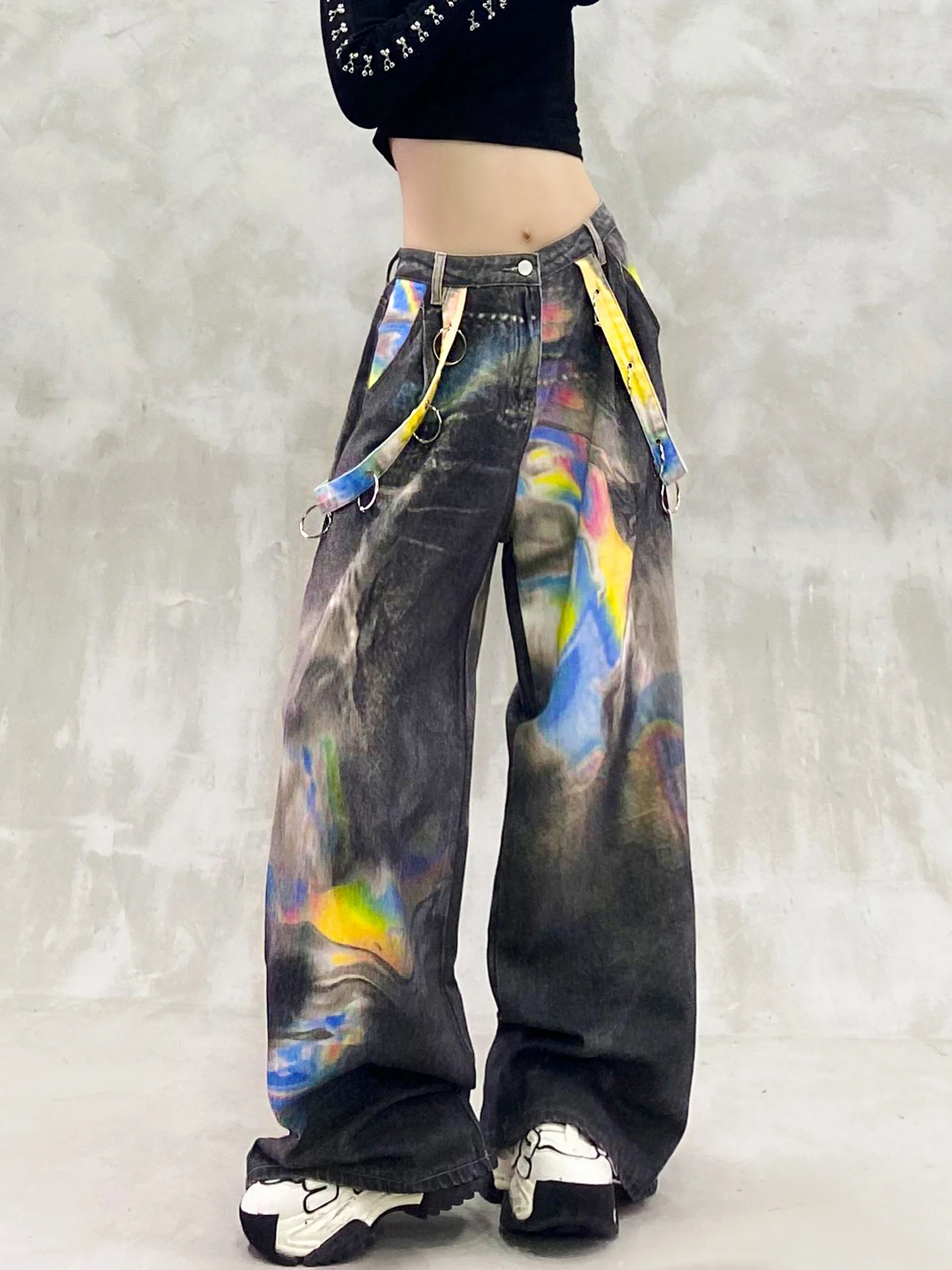 2025 Summer and Autumn Colorful Printed Design Casual Floor-Length Jeans High Waist Loose Slimming Versatile Wide-Leg Pants