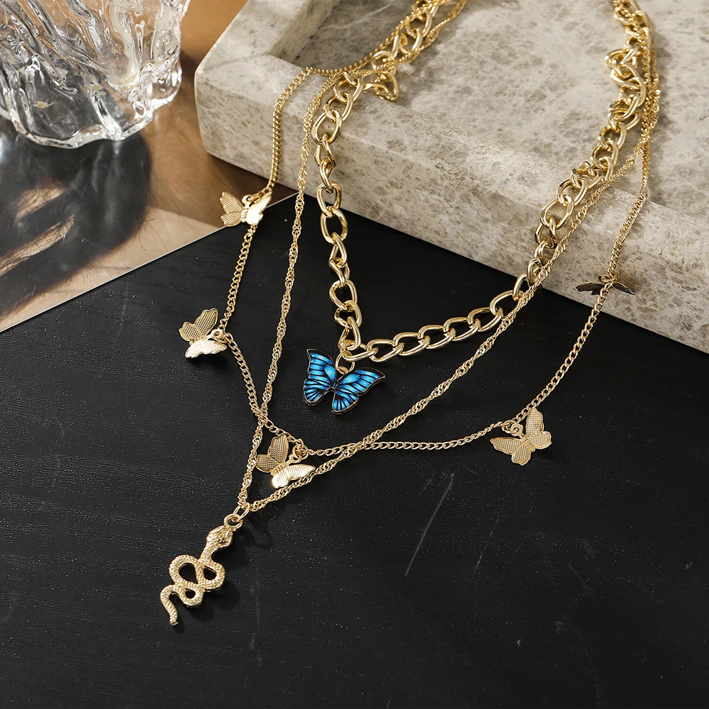 2022 New Creative Simple Temperament Women's Necklace Lovely Atmosphere Blue Butterfly Snake Necklace 3-piece Set