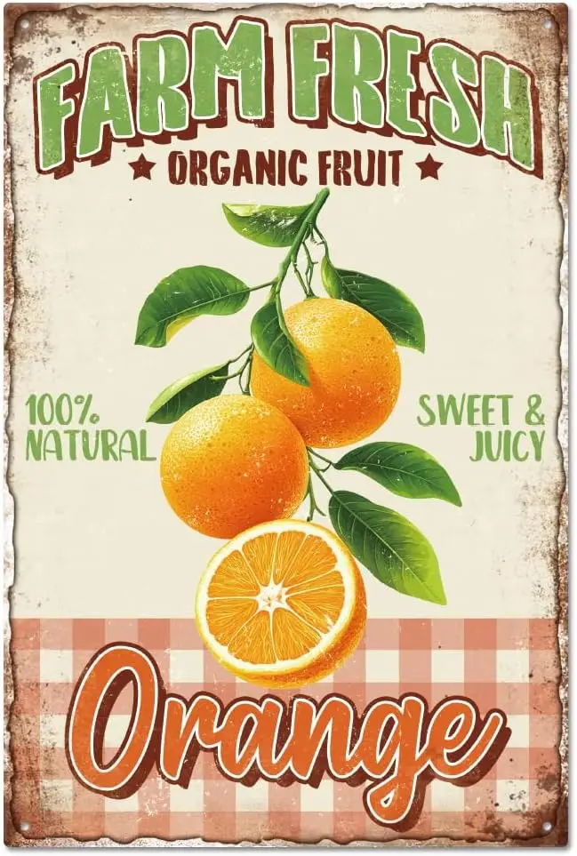 GLOBLELAND Farm Fresh Orange Vintage Orange Metal Tin Sign in/30x20cm Art Plaque Poster Wall Decor for Store Supermarket Bar Clu