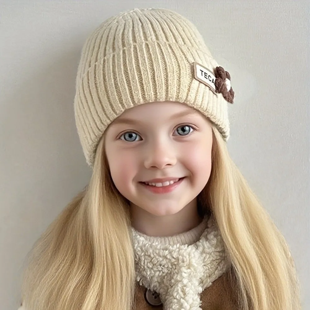 

Warm Cute Flower Beanie Hat Thicken Windproof Pullover Cap Solid Color Crochet Skullcap Girls