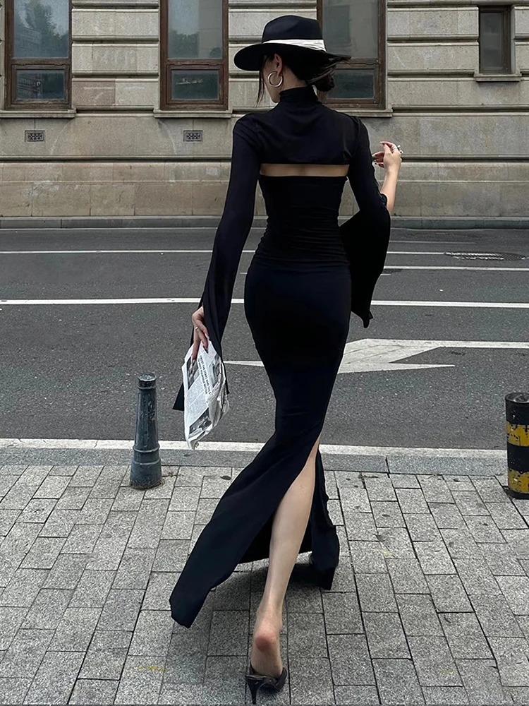 Estranho gato clássico conjunto de 2 peças feminino sem alças split maxi vestido + super curto meia manga gola alta topo combinando roupas elegantes