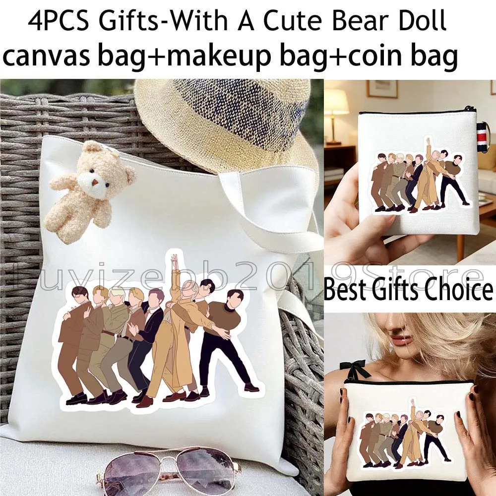 4PCS K-POP Quotes Korean Pop Music Love Kpop White Canvas Tote Bag Shoulder Handbag,Cosmetic Makeup Bag,Coin Purse Wallet Pouch