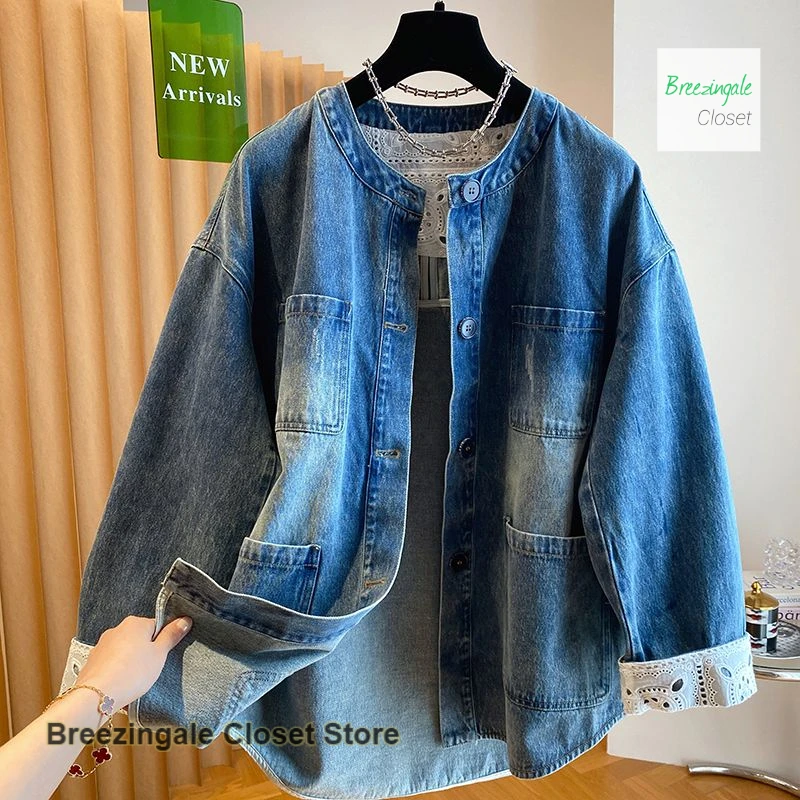 French style advanced round neck denim jacket women's autumn and winter new plus size loose fashion temperament casual top